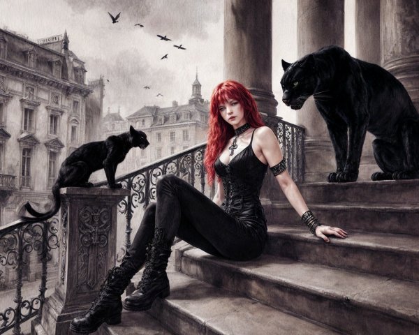 Woman with Red Hair on Stone Steps with Cats
