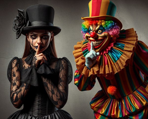 Dramatic Scene of Mysterious Woman and Colorful Clown