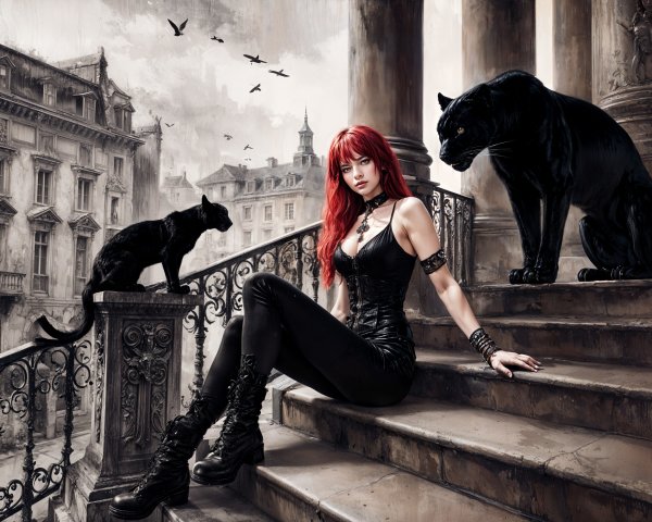 Woman with Red Hair and Panthers on Stone Steps