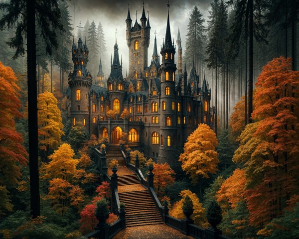 Majestic castle in vibrant autumn forest setting