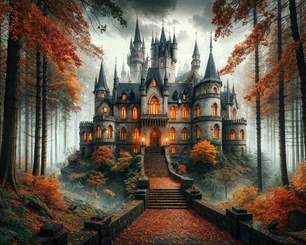 Gothic castle in autumn forest with glowing windows