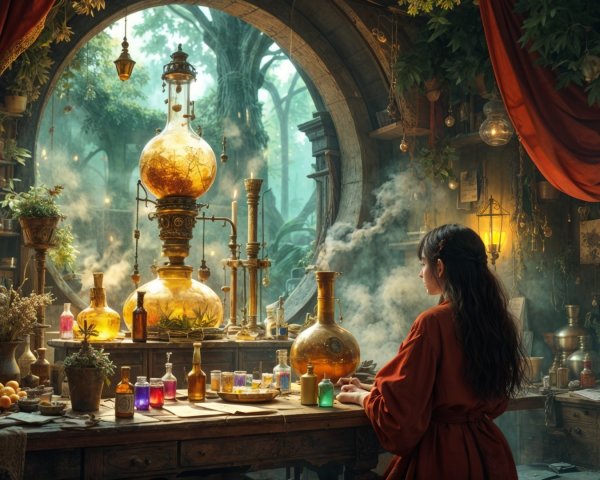 Mystical Apothecary with Colorful Potions and Herbs