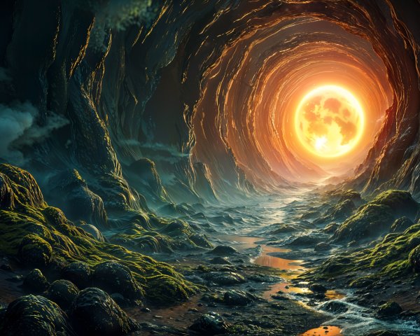 Mystical cave scene with radiant sunlight and mist