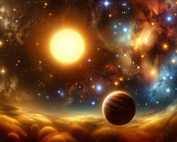 Glowing Sun and Nebula in Cosmic Landscape