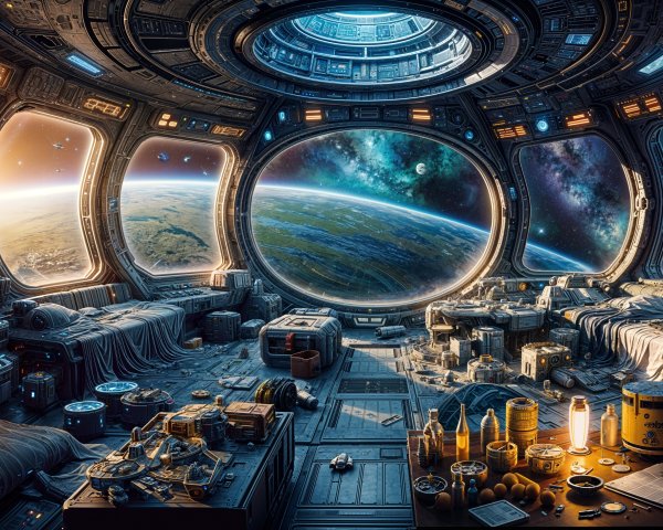 Futuristic Space Station Interior with Panoramic Views
