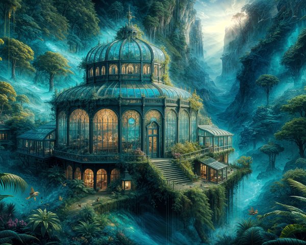 Ethereal Glass Conservatory in a Mystical Valley