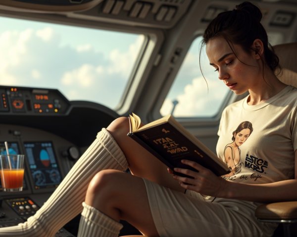 Futuristic Cockpit Scene with Young Woman Reading