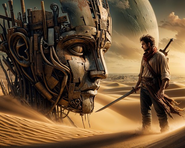 Lone Figure in Desert with Giant Metallic Head at Sunset