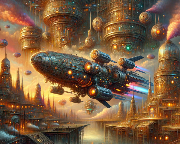 Futuristic Cityscape with Steampunk Elements at Sunset