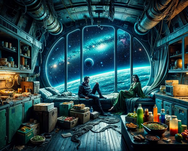 Cozy Spaceship Cabin with Starry View and Warm Lights