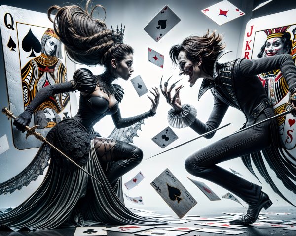 Dramatic Duel Between Card Royalty Figures