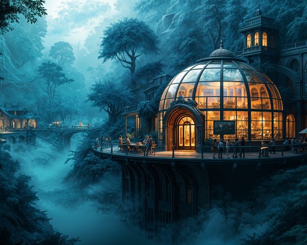Glass Conservatory in Lush Forest with Misty Village