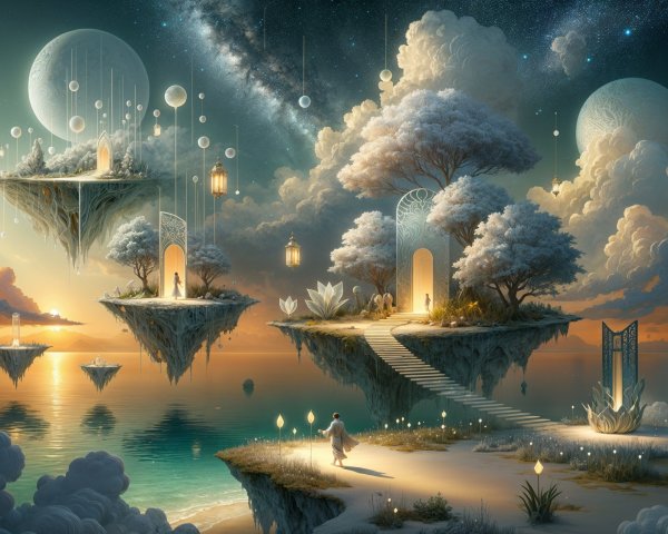 Surreal Landscape with Floating Islands and Lanterns