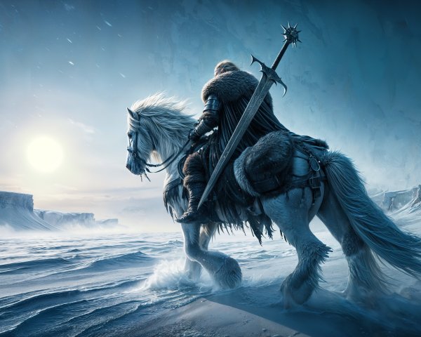 Lone Rider on White Horse in Icy Landscape