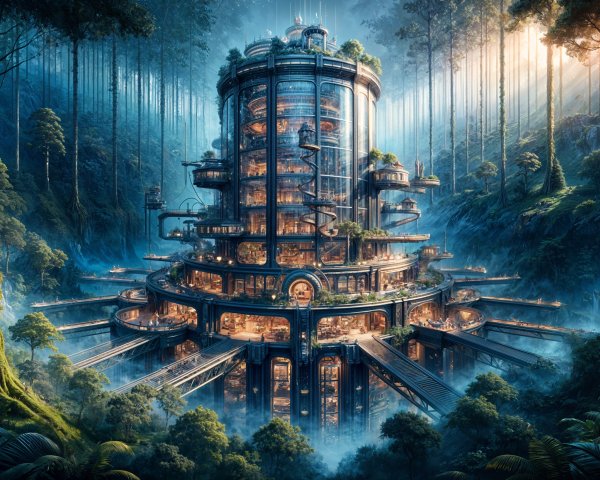 Futuristic Multi-Tiered Structure in Dense Forest