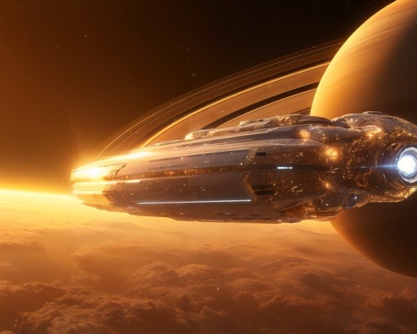 Futuristic spaceship approaches planet with prominent rings