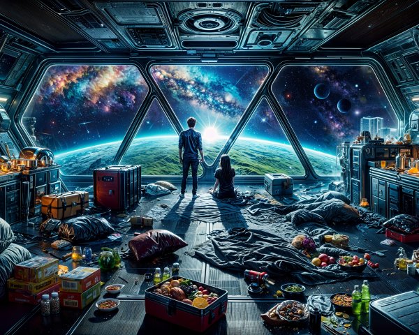Figures in a Cluttered Space Station with Earth View