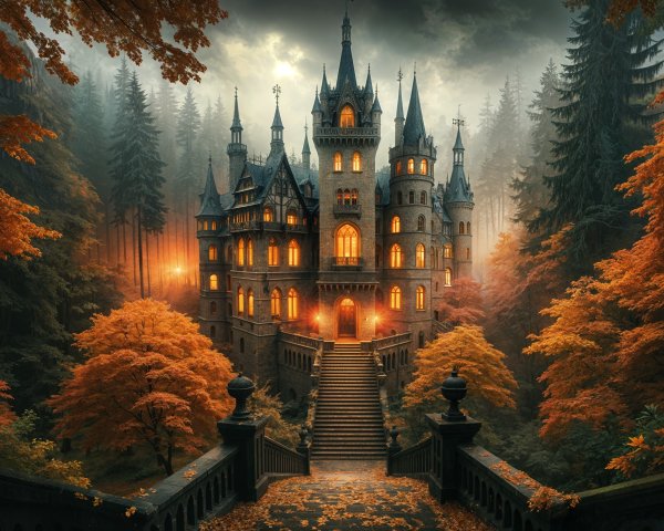 Gothic Castle Surrounded by Autumn Woods and Turrets