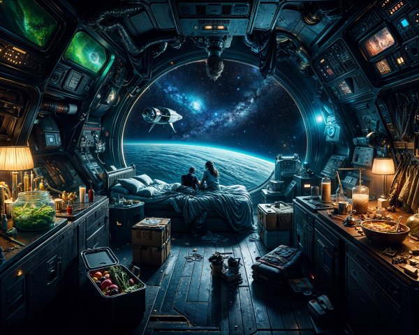 Cozy spacecraft interior with Earth view and ambiance