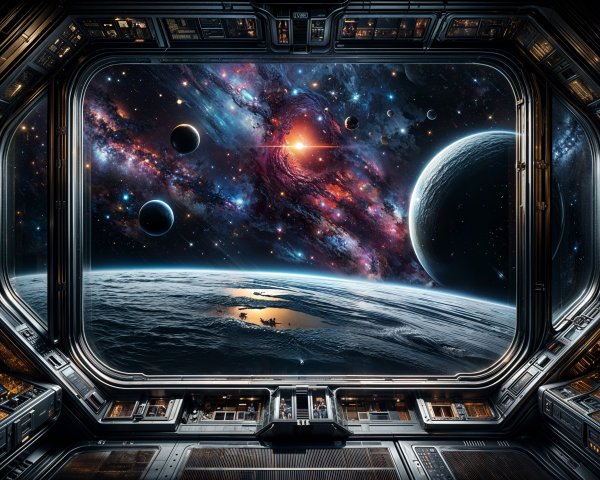 Futuristic Spacecraft Interior with Cosmic Landscape View