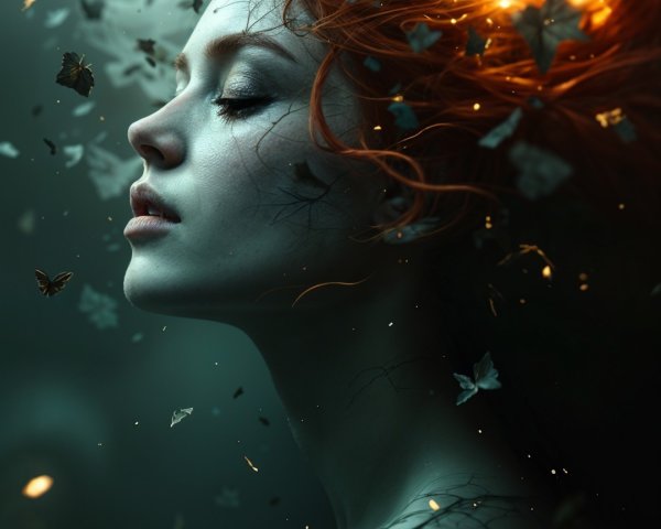 Profile of a Woman with Red Hair and Butterflies