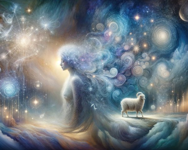 Mystical Scene with Figure and Serene Sheep in Cosmos