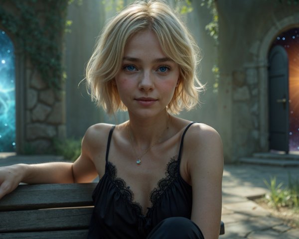 Young woman in a garden with cosmic and sunburst doors