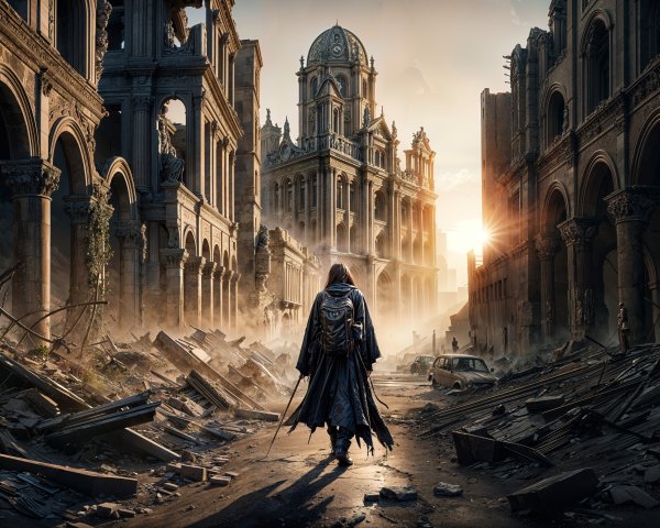 Lone Figure in Ruins of a Once-Grand City