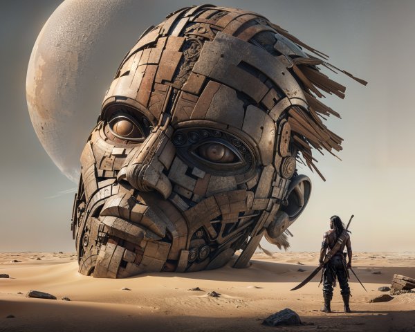 Colossal Metal Face Sculpture in Desert Landscape