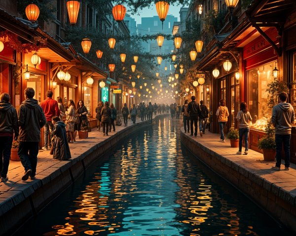 Vibrant Dusk Street Scene with Colorful Lanterns