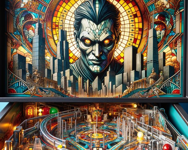 Colorful Pinball Machine with Futuristic City Artwork
