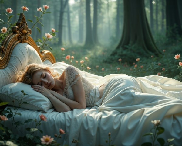 Serene Forest Scene with Young Woman Sleeping
