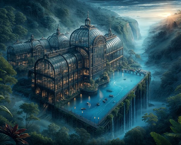Grand Glass Conservatory Overlooking a Waterfall