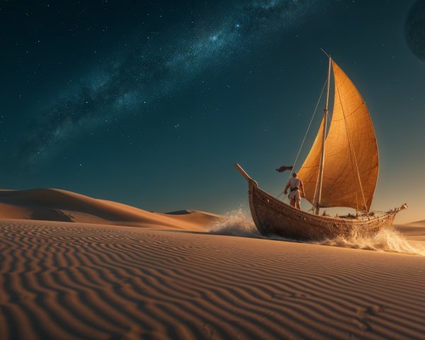 Sailboat on Sand Dunes Under Moonlit Sky