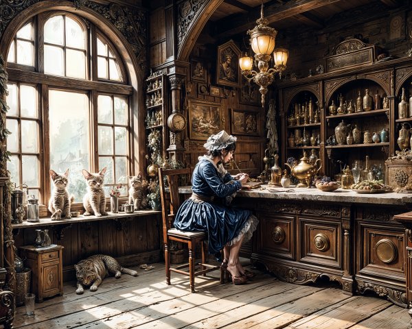 Vintage Room with Antique Clocks and Cats
