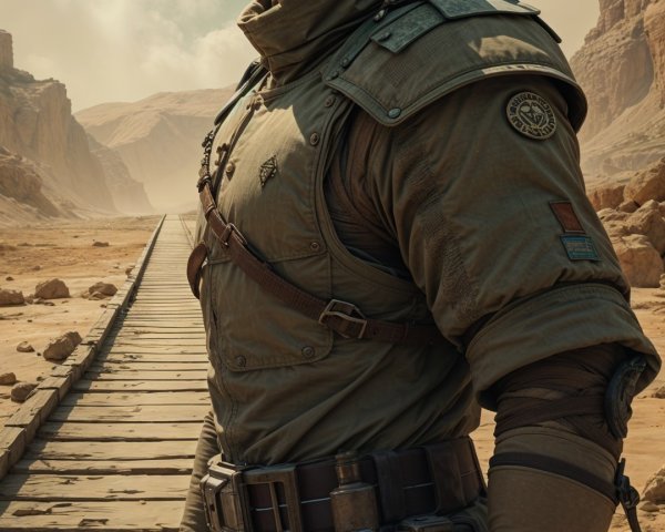 Rugged Figure in Tactical Gear in Desert Landscape