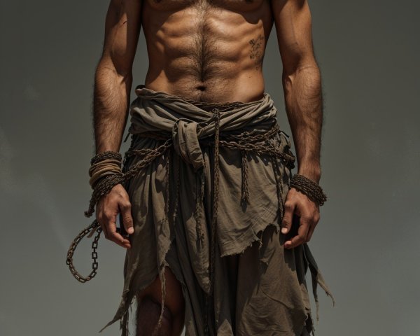 Muscular Man in Earthy Warrior Attire on Sandy Terrain