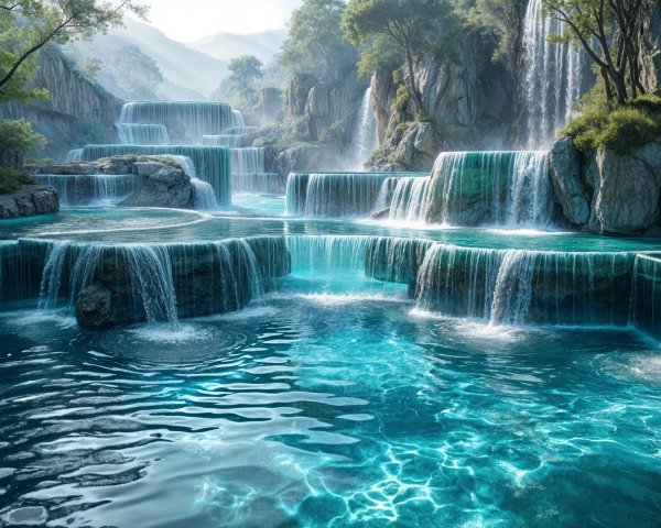 Tranquil Landscape with Waterfalls and Turquoise Pools