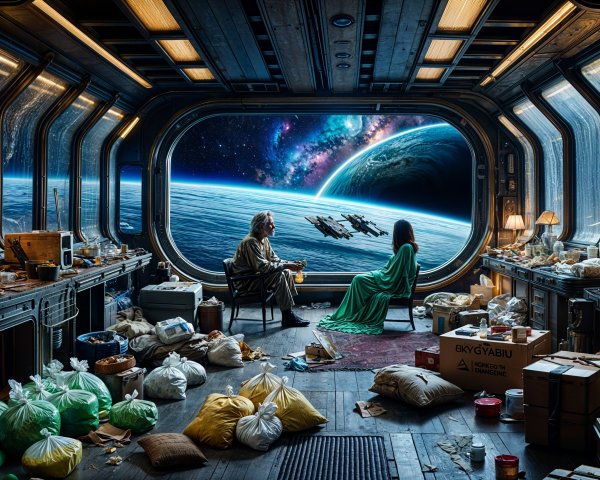 Cluttered Space Station Room with Cosmic View