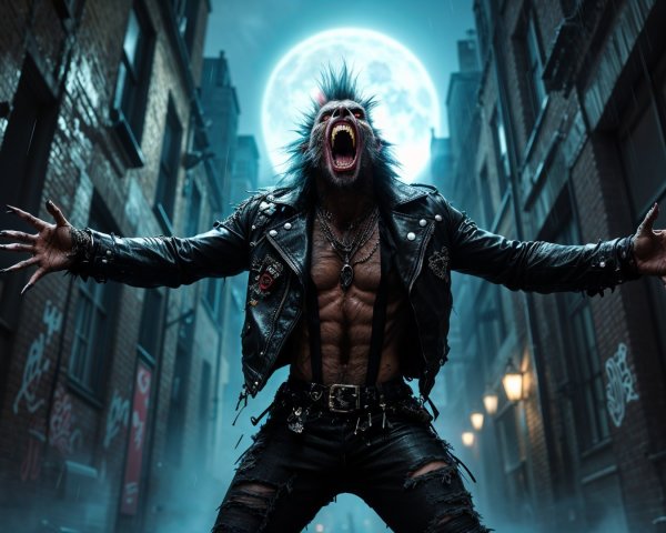 Muscular Figure in Studded Jacket in Misty Alleyway