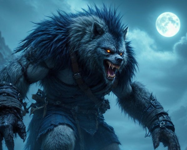 Muscular Wolf-Like Creature Under Full Moon Landscape