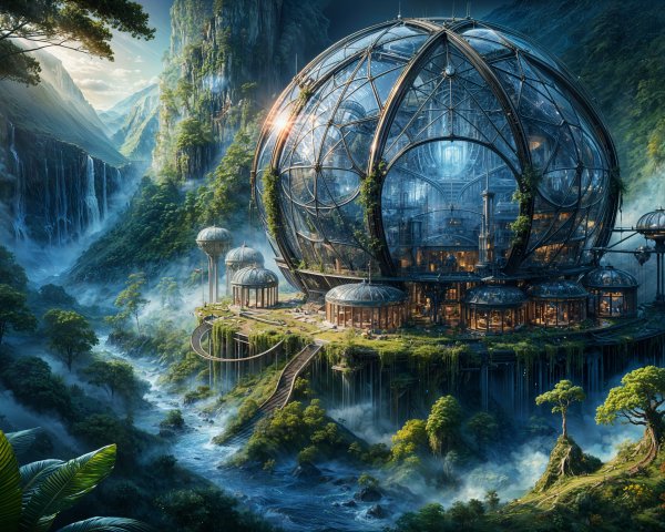 Futuristic Glass-Domed Structure on Green Hillside