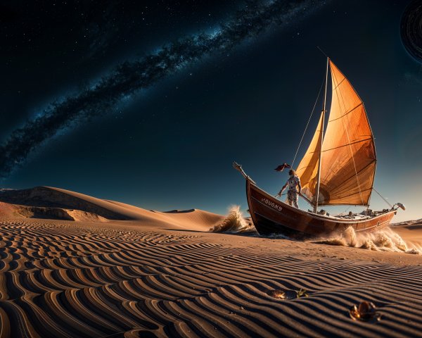Majestic Boat on Sand Dunes Under Starlit Sky