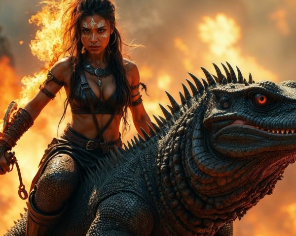 Warrior on Scaled Creature in Fiery Fantasy Scene