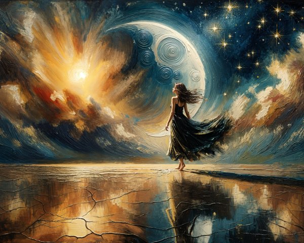 Figure in Dress in Reflective Landscape Under Sky