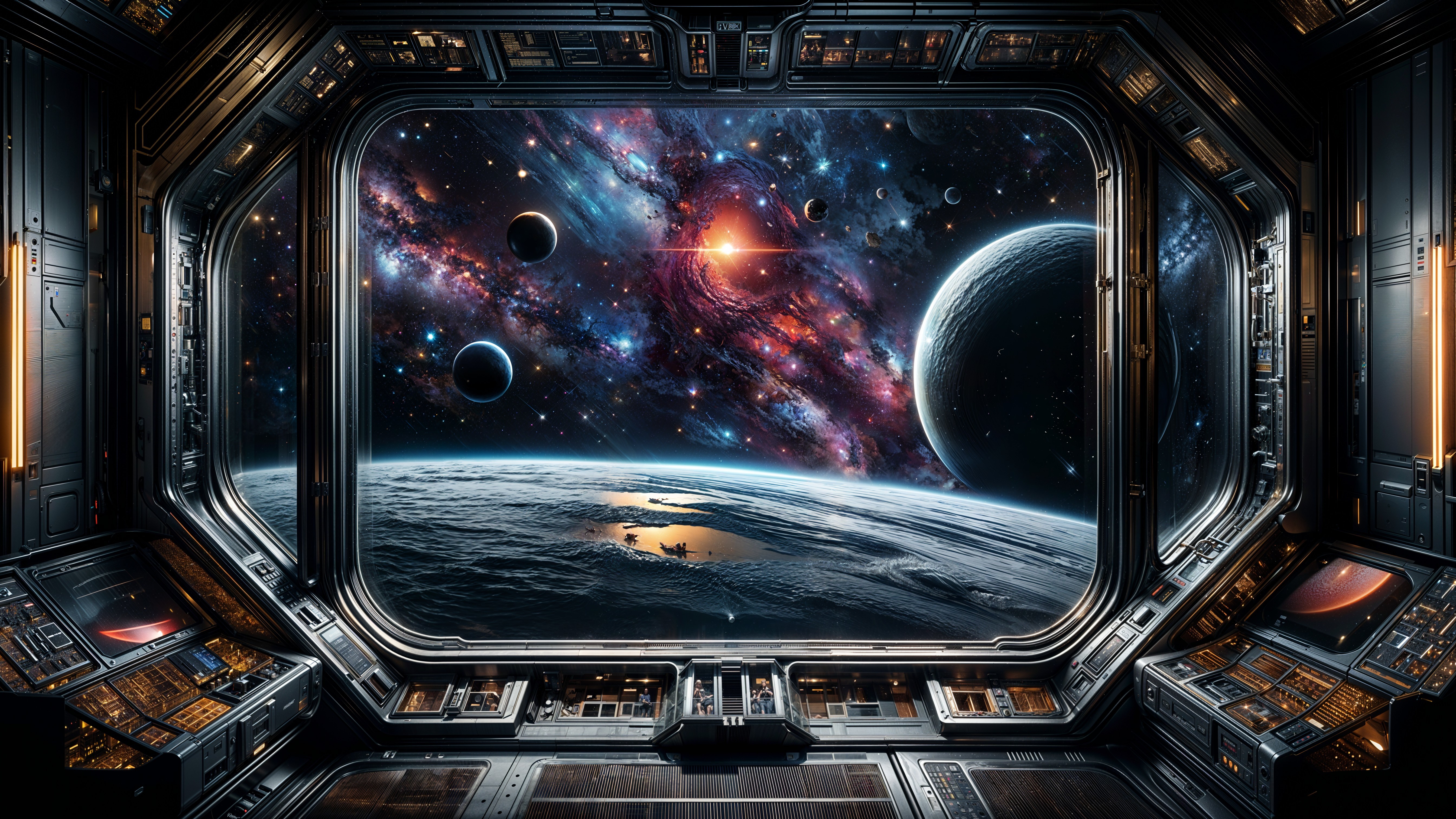 Futuristic Spacecraft Interior with Cosmic Landscape View
