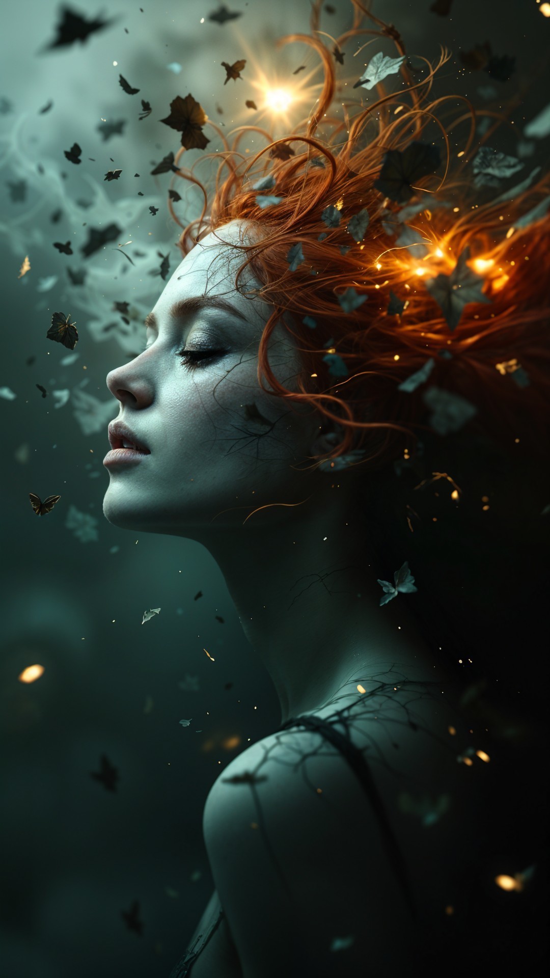 Profile of a Woman with Red Hair and Butterflies