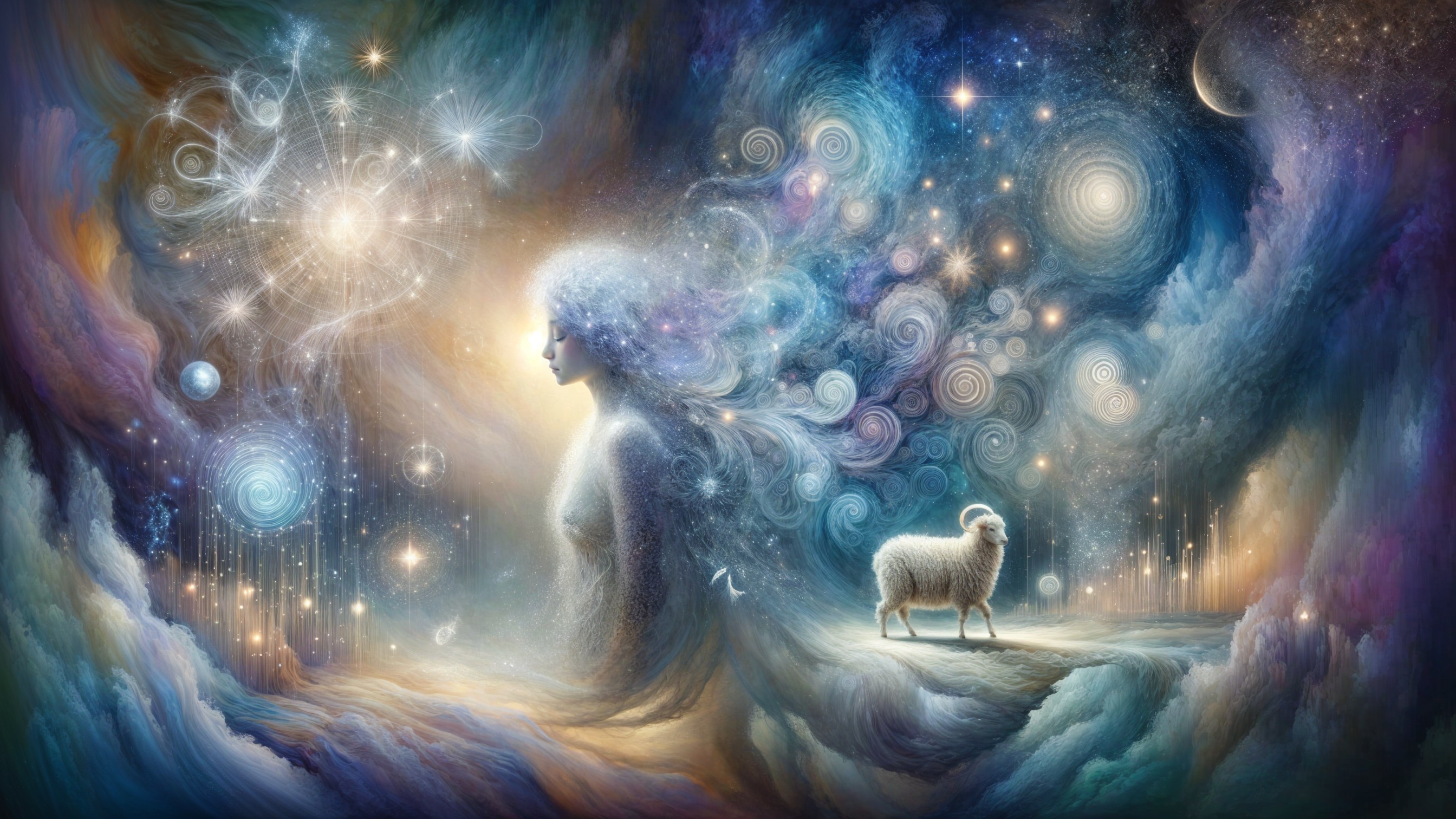 Mystical Scene with Figure and Serene Sheep in Cosmos
