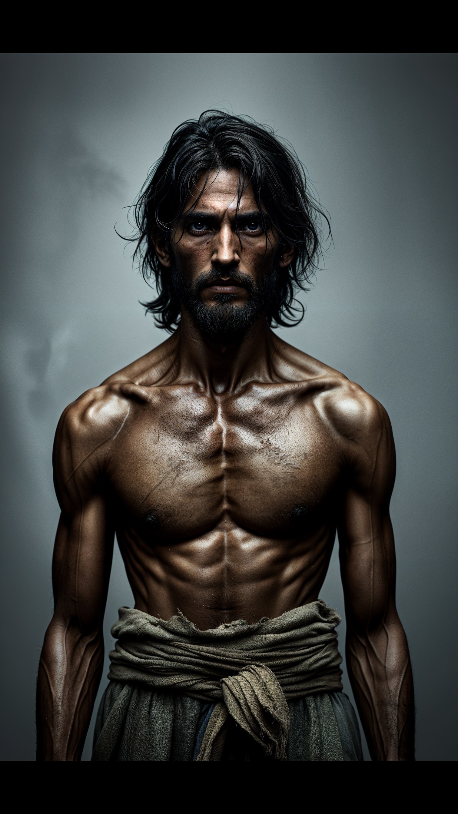 Muscular Man with Rugged Appearance in Gritty Setting