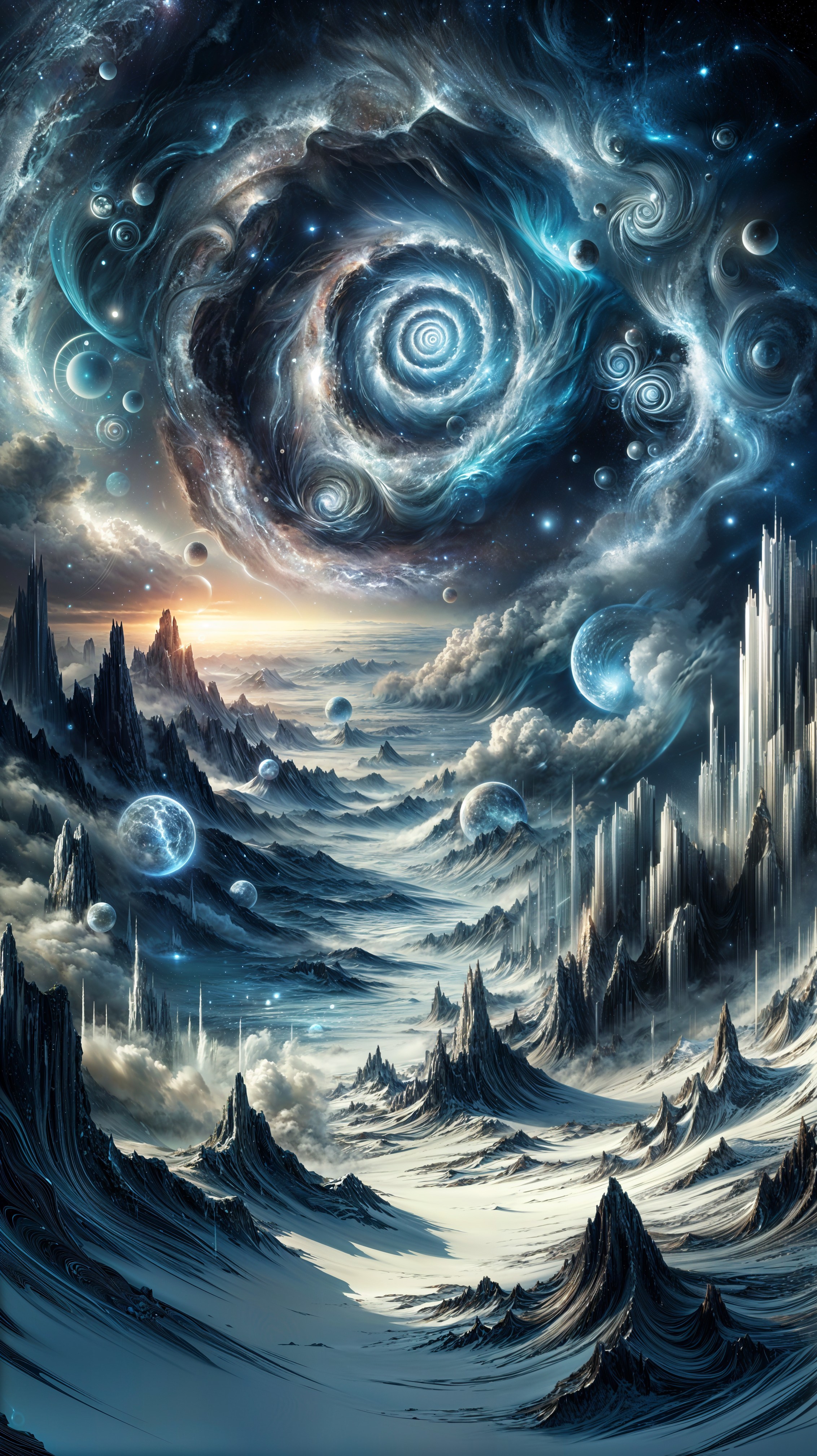 Cosmic Landscape with Galaxies, Nebulae, and Mountains